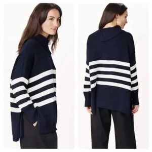 Mersea Marina Blue Stripe Foldover Neck Oversized Relaxed Fit Sweater OS‎